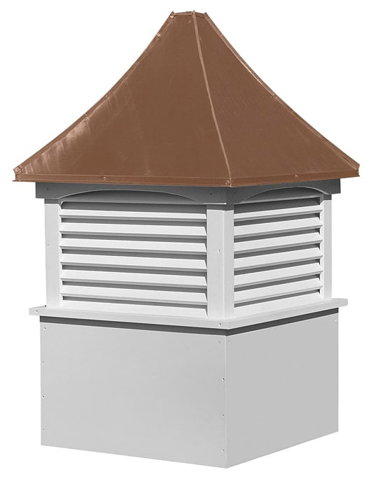 medium square vinyl cupola for shed with louvers and concave copper roof