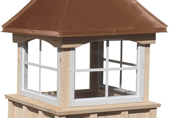square wood cupola with windows and concave copper roof